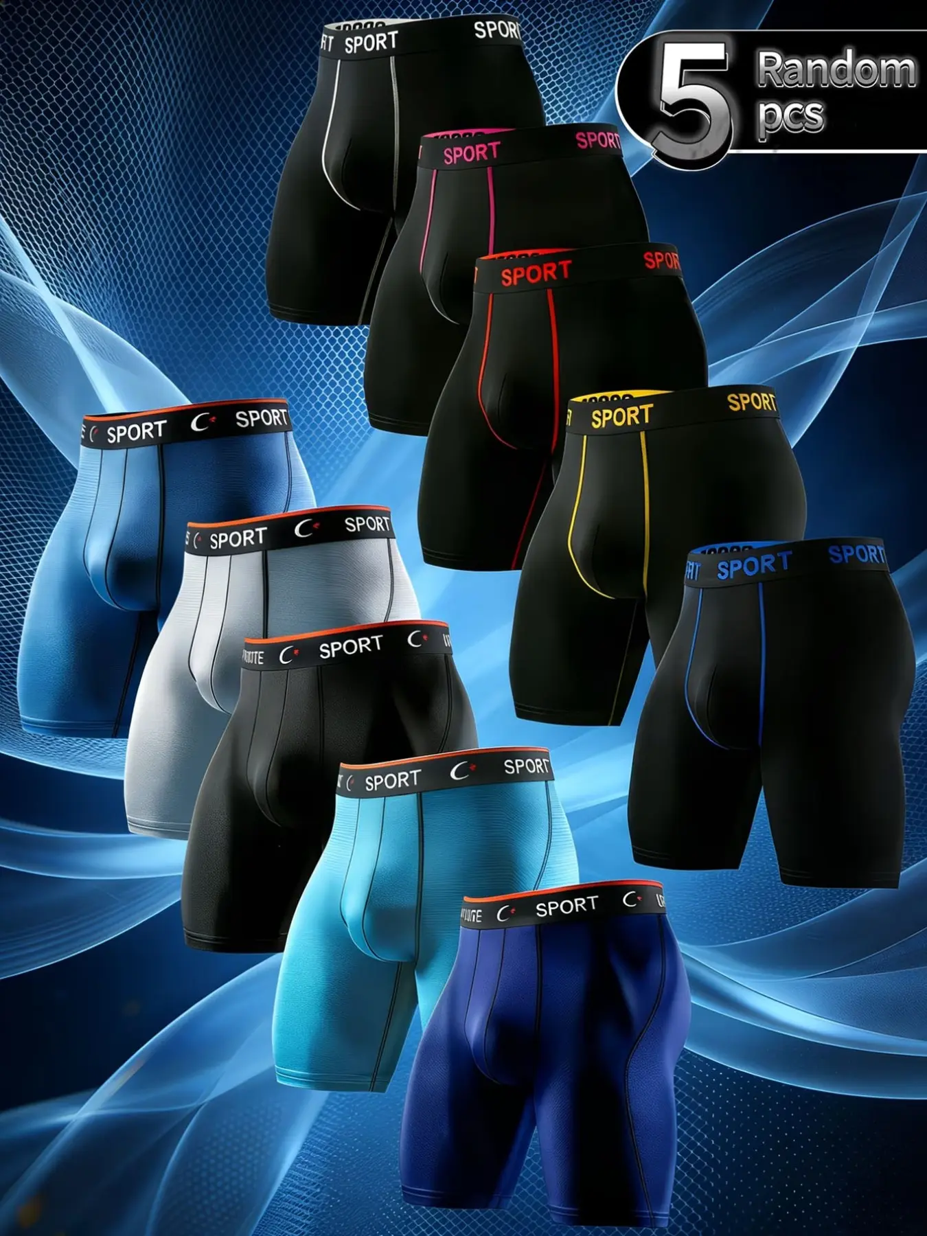 Men's Long Sport Briefs, 5-Pack, Colorblock Waistband, High Stretch, Anti-Chafe, Fitness Cycling Underwear, Comfortable Lounge Wear, Stretchy Sports Underwear