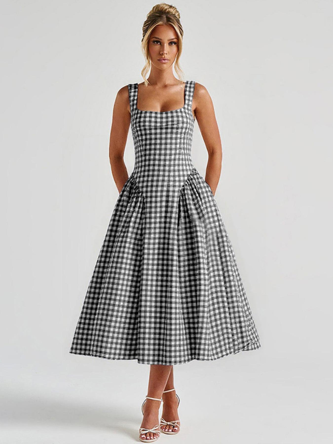 Women's Gingham Print  Square Neck Tank Dress, Chic Fashion Casual Sleeveless A Line Dress for Daily Outdoor Wear, Ladies Dress for Summer