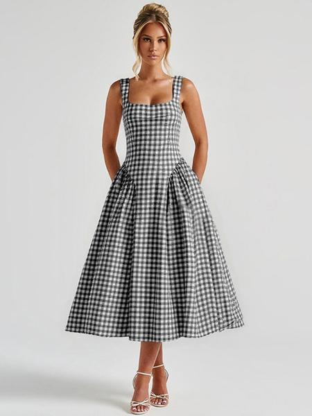 Women's Gingham Print  Square Neck Tank Dress, Chic Fashion Casual Sleeveless A Line Dress for Daily Outdoor Wear, Ladies Dress for Summer