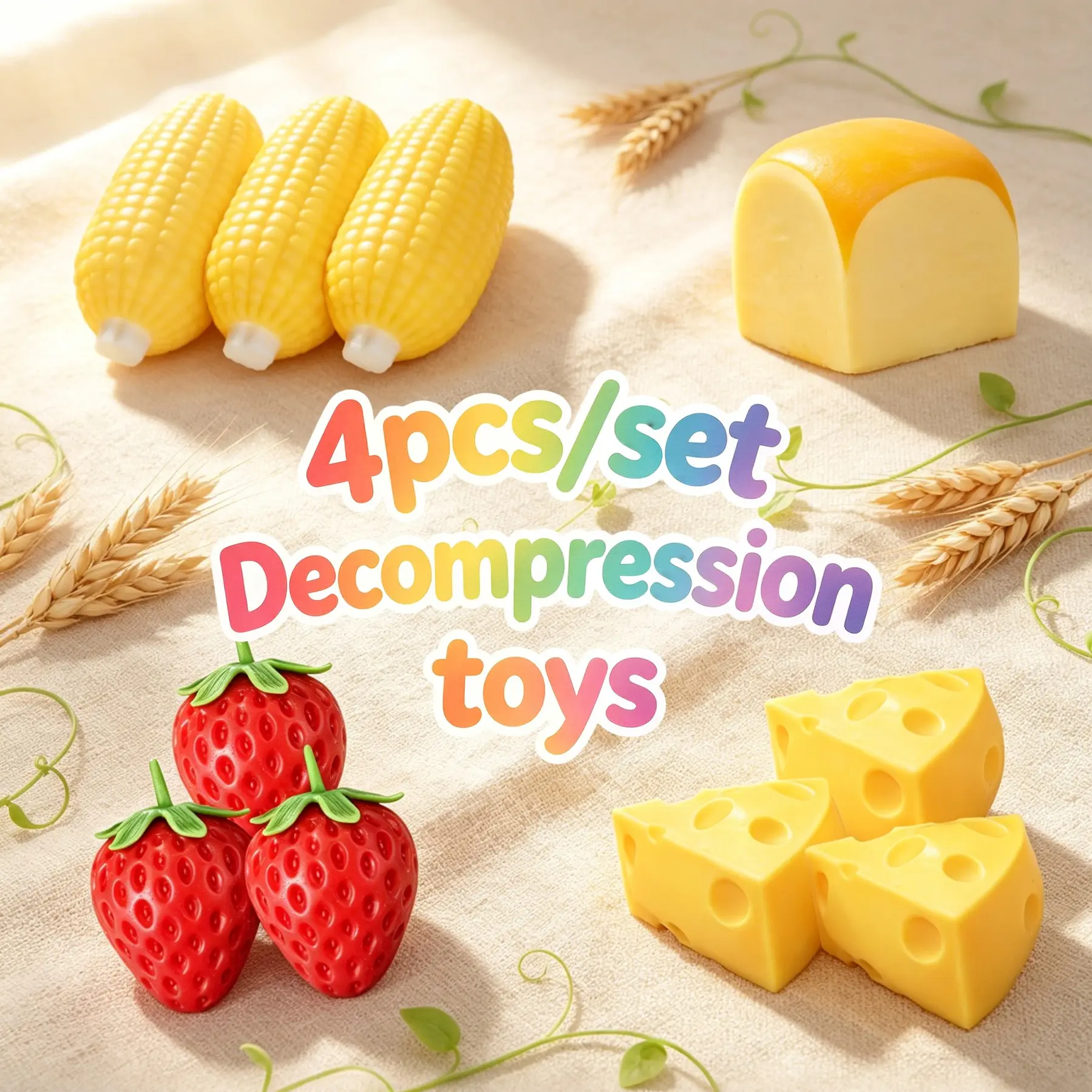 Strawberry Triangle Cheese Corn Cube Toast 4-piece decompression toy set, slow rebound decompression toy gift, relieve anxiety, suitable as a set for birthday gifts for boys and girls, party favors, Halloween/Christmas/Easter/Thanksgiving gifts