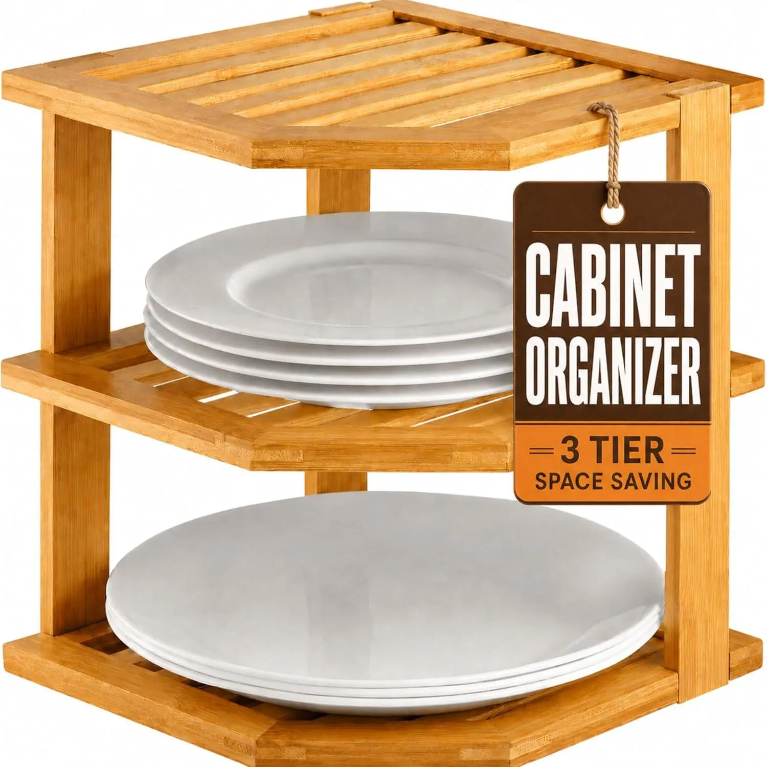 Bamboo Plate Organizer for Cabinet - 3 Tier Bamboo Corner Cabinet Organizer Shelf for Plates Bowls Mugs Cups, Kitchen Cabinet Organizer, Cabinet Shelf Organizer, Countertop Rack, 10 x 10 x 9.5 Inch