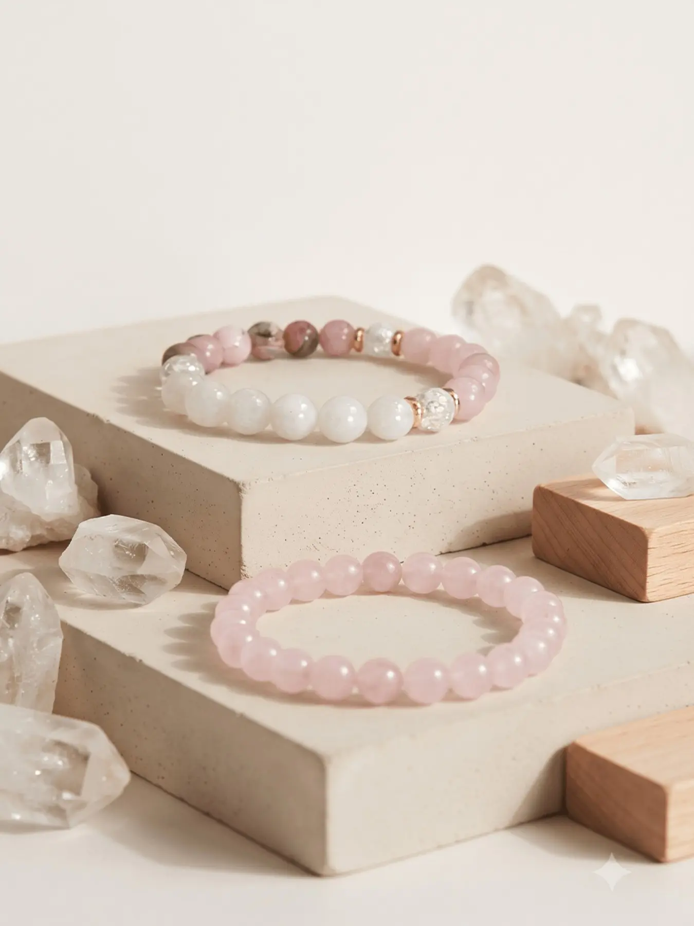 2Pcs Natural Crystal Bracelet Set, Rose Quartz & Moonstone Rhodonite Beaded Bracelet, Love Self-Love Healing Energy Crystal Jewelry, Soft Aesthetic Spiritual Accessory, Women Daily Wear Gift for Her