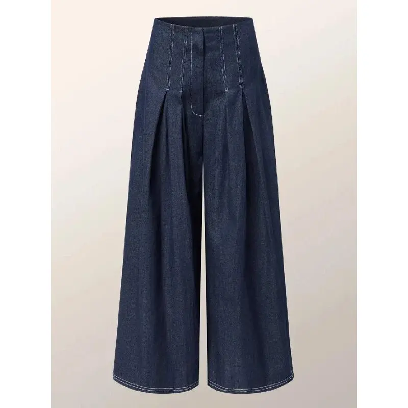 High Waist Pleated Wide Leg Maxi Pants Women Stitched Detail Flared Trousers Hidden Side Pocket Oversized Floor Length Baggy Culottes Casual Streetwear Elegant Daily Outfit Vintage Loose Fit Long Skirt Pants Fashion Commuter City Style Trendy Ladies