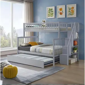 ARCH Twin over Full Stairway Bunk Bed with Trundle for Kids Teens, Solid Wood Frame, Gray Finish, Space-Saving Design for Bedroom, Guest Room, Dormitory, Includes Ladder and Safety Rail, No Box Spring Needed, Bedroom Furniture for Bedroom