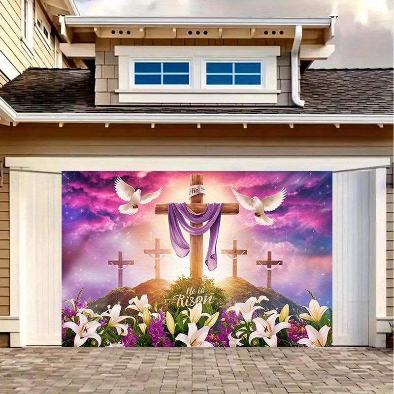 Modern Farmhouse 1pc Easter Celebration Amber Glow Polyester Banner - Vibrant "He Is Risen" Cross Design with Lilies, Doves & Stars, Perfect for Home, Room, Wall, and Party Decorations