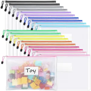 20 Pack Mesh Zipper Pouch Bags, A4 Letter Size, Zipper Bags with Label Pocket, Waterproof Bag for Classroom Organizer, School Office Teacher Supplies, Storage Pouches for Board Game Toy Storage