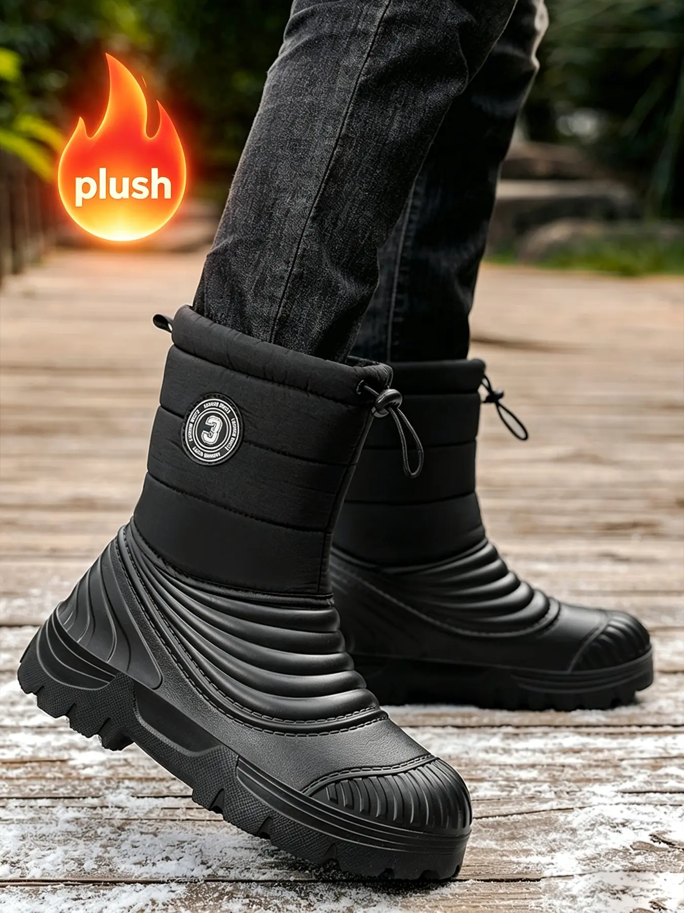Men's Thick Plush Lined Snow Boots, Waterproof Non-Slip Thick Sole Mid Calf Winter Boots, Outdoor Cold Weather Hiking Boots with Drawstring Cuff