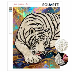 DIY Pearl Painting Kit, Frameless Tiger Design, Self-Stick Canvas, Stress Relief Craft, Home Wall Art, Mosaic Jewelry Gift, Holiday Present