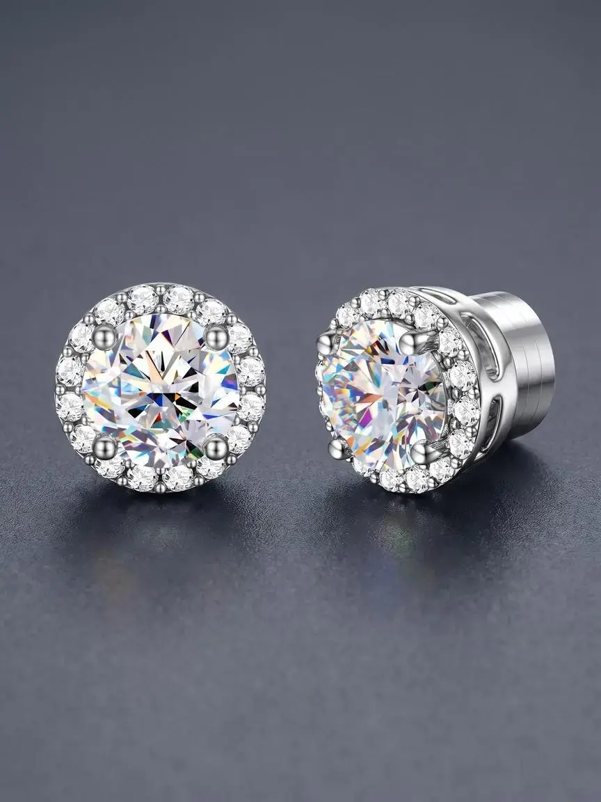 Moissanite Magnetic Earrings for Men, 18K White Gold Plated Hypoallergenic Stainless Steel Non Piercing Hoop Earrings, Earrings Hoops, Clip on Fake Earrings Studs Halo Round Diamonique Earring Women D Color VVS1 Stud Earrings