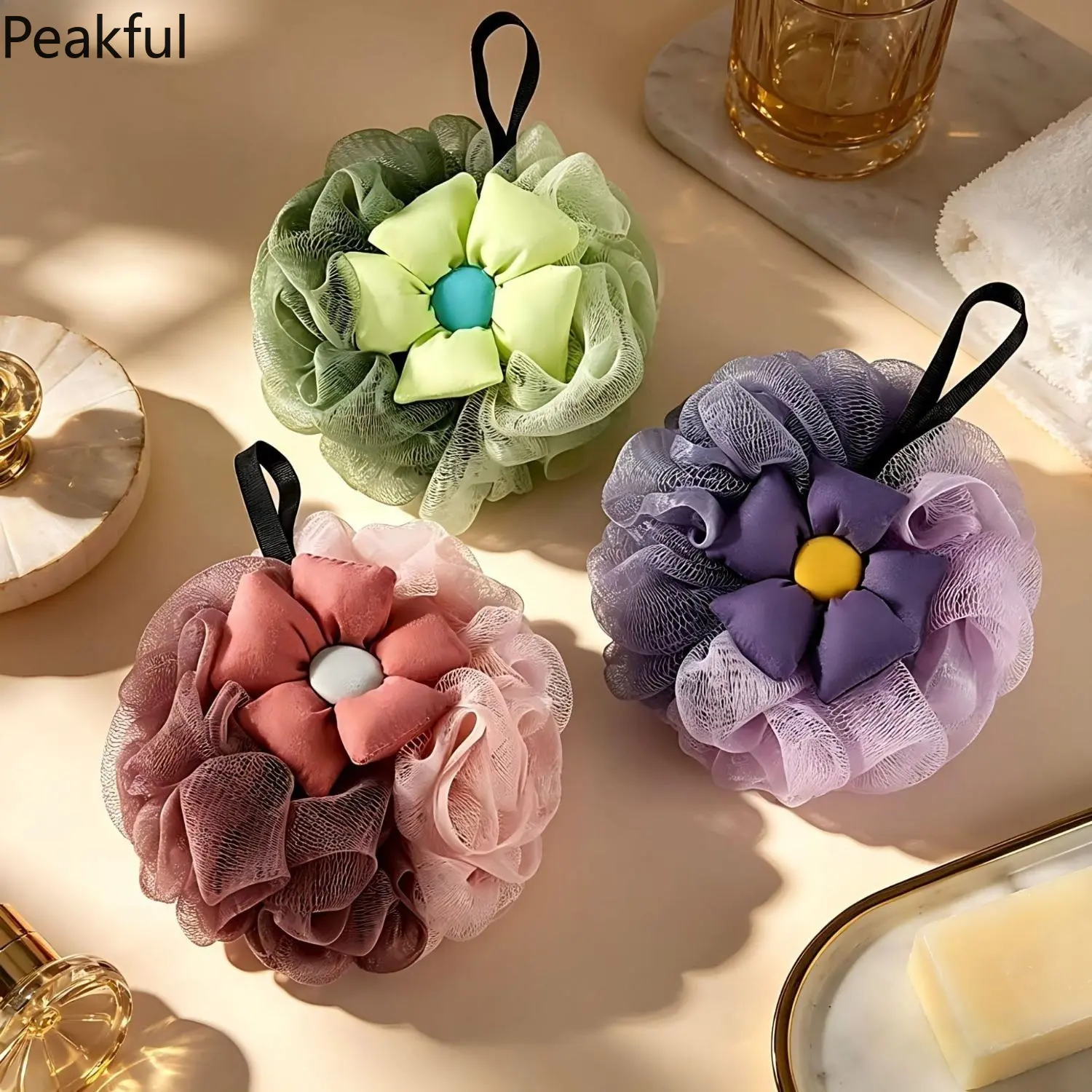 Cute Body Scrubber Sponge for Women, Soft Exfoliating Mesh Pouf with Flower Design, Gentle Cleansing & Rich Lathering, Ideal Shower Accessory for Smooth Radiant Skin, Perfect Gift for Her.
