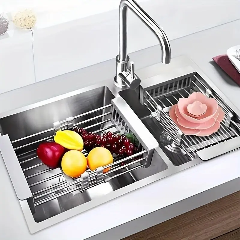 Stainless Steel Dish Drying Rack, over the Sink Dish Drainer with Adjustable Arms, Functional Kitchen Sink Organizer for Vegetables and Fruits