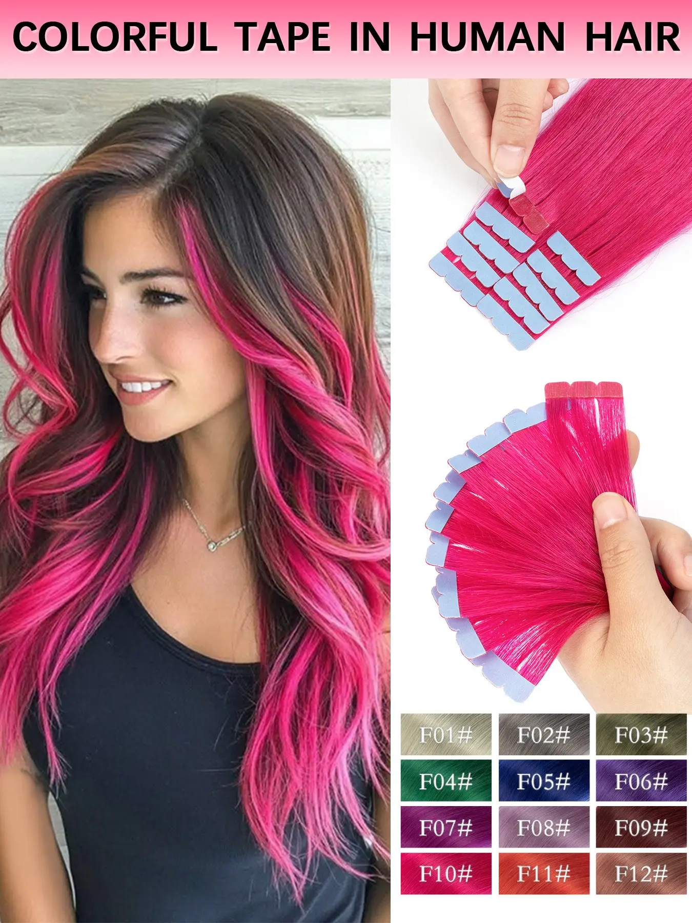 Colored Pink Green Mini Tape In Hair Extensions Human Hair Natural Pink Blue Purple Gray Mini Tape In Hair Extensions Straight Seamless PU Tape Ins Hair Extensions For Women Daily Use Party Micro Hair Extensions