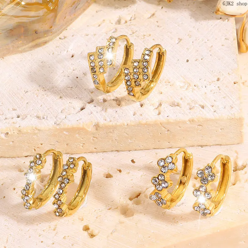 Rhinestone Wavy Huggie Hoop Earrings, Gold Tone Stainless Steel Sparkling Click Earrings, Trendy Daily Jewelry