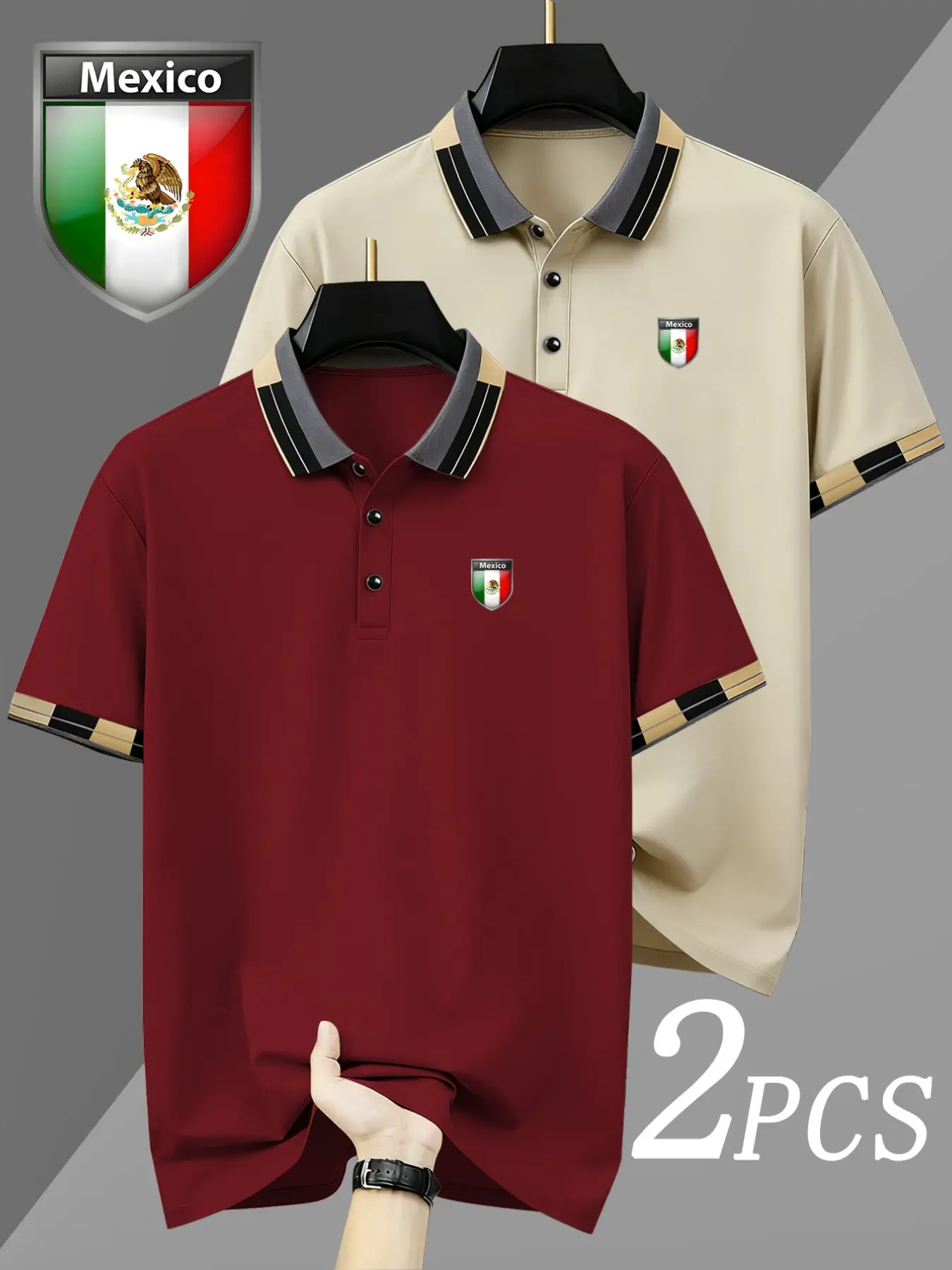 Two-Piece Set Mexican Badge Print Men's Button-Up Shirt, Stretchy Casual Breathable All-Season Comfortable High-Quality Polo