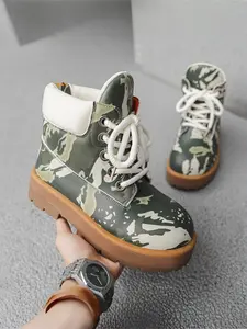 Unisex Jungle Camo Cuffed Platform Work Boots, PU Camouflage Printed Upper, Foldable Color-block Collar, Thick Rope Laces & Metal Eyelets, Sawtooth Anti-slip Thick Sole, Daily Commute & Outdoor Work Boots