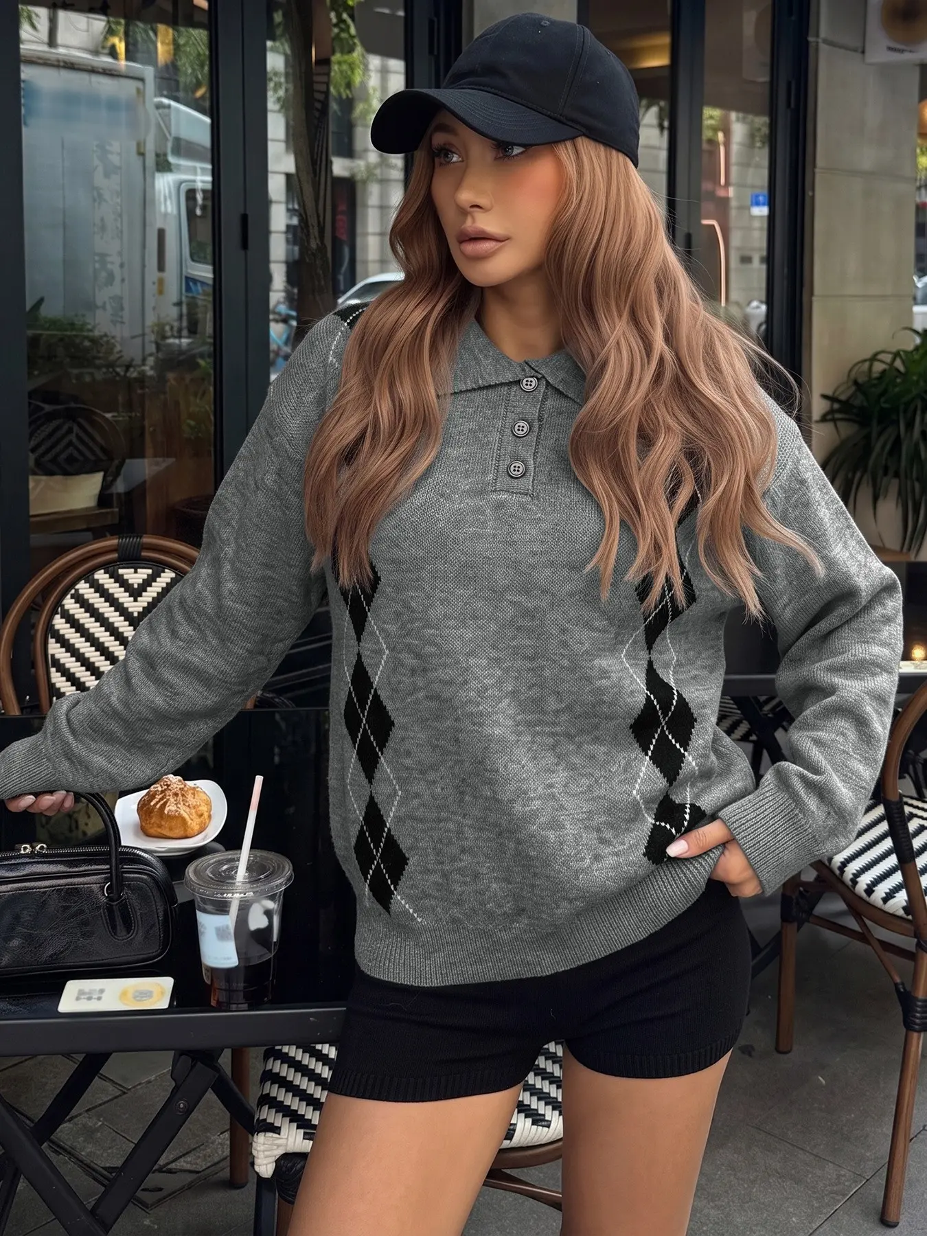 Vintage College Style Knit Sweater, Plaid Colorblock Polo Neck, Loose Fit Long Sleeve Pullover, Retro Academic Fashion Top