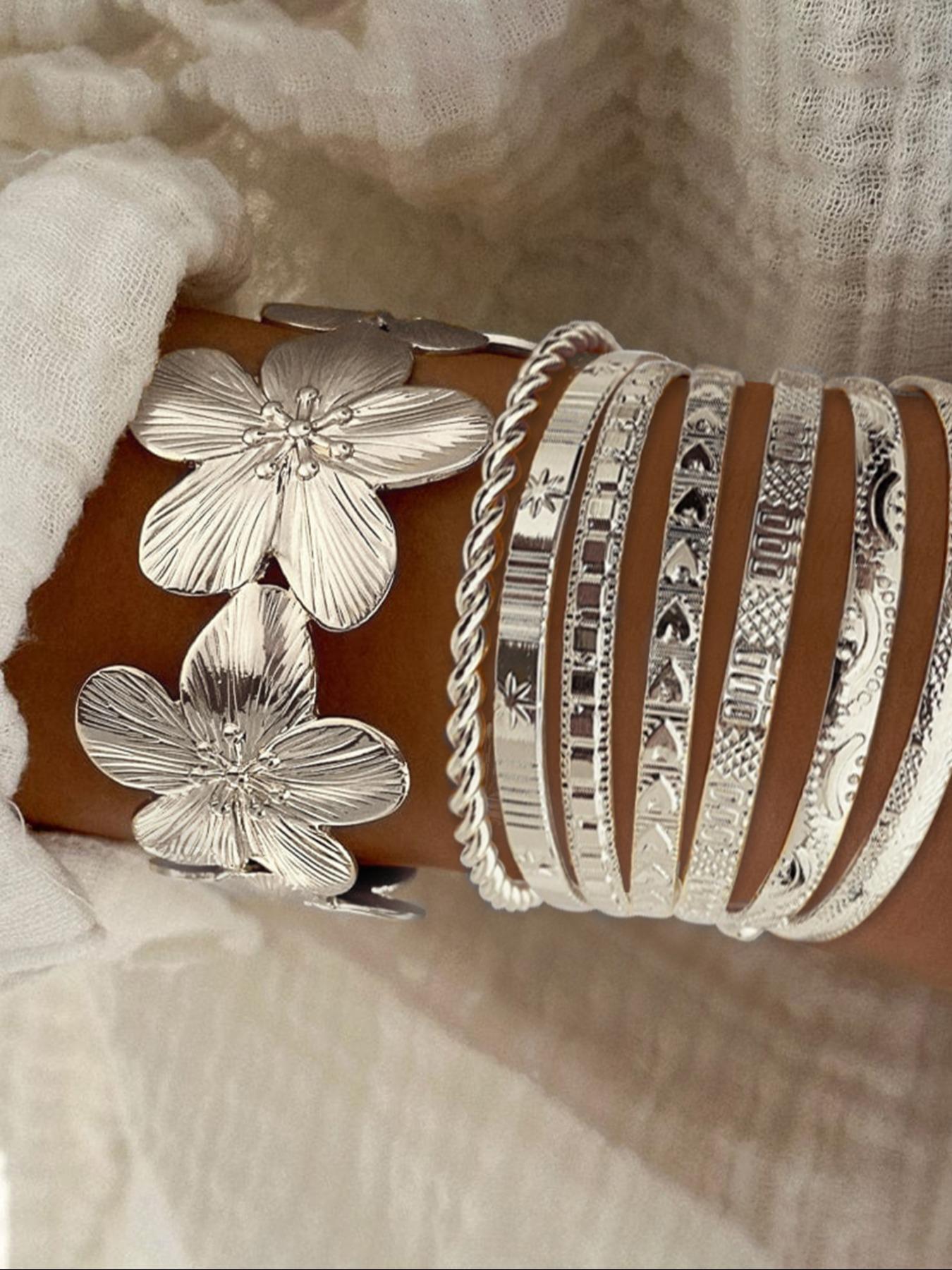 8 Pieces Hollow Floral and Bangle, Trendy Stack Bangle, Flower Design Bracelet, Bangle Bracelet Set, Elegant Women's Jewelry for All Seasons, Perfect Valentine's Day Gift