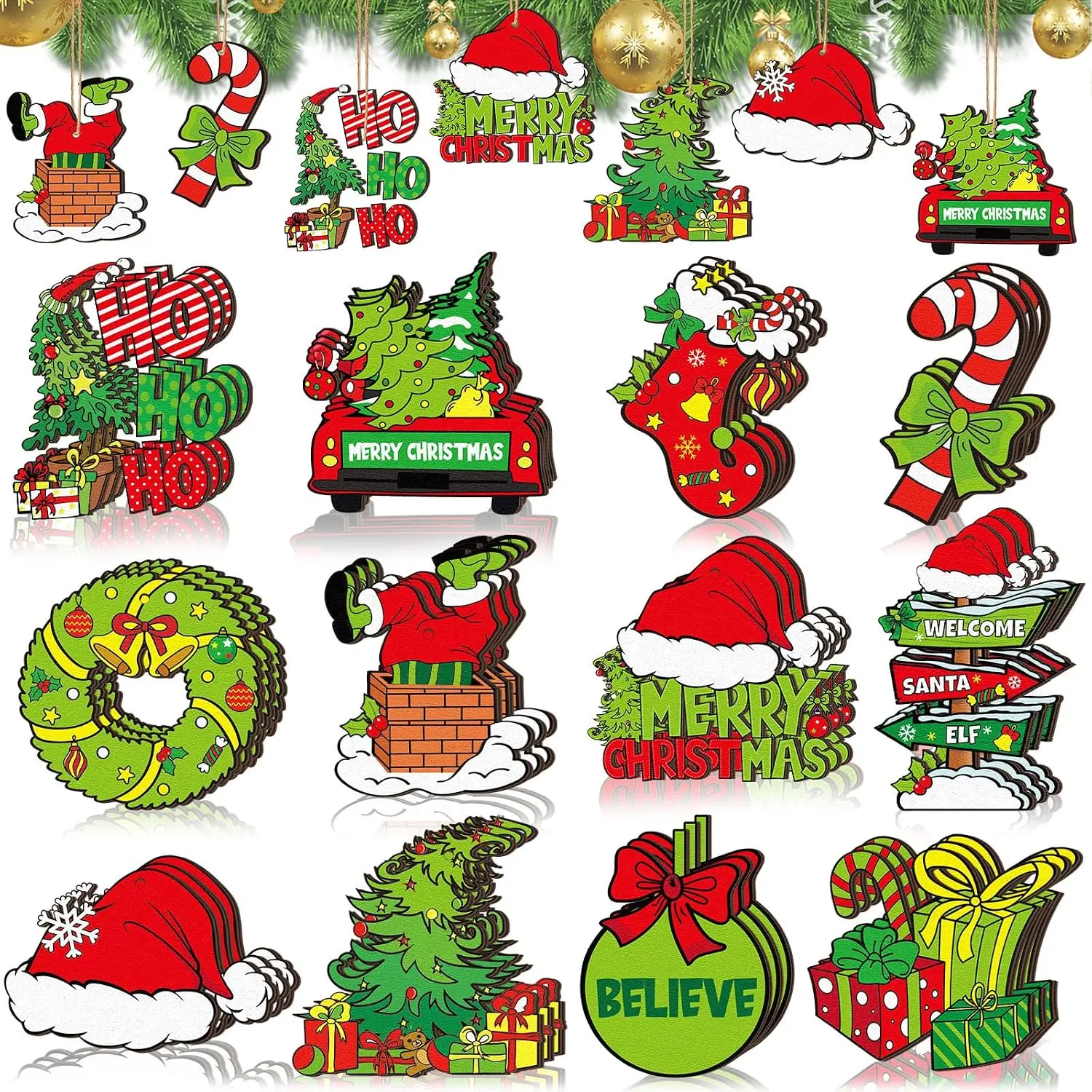 36 count Whimsical Christmas Wooden Ornaments Lime Green Red Christmas Tree Decorations Xmas  Ornaments  Cutouts Tag Holiday Xmas Party Decor for  Indoors(Classic Style)