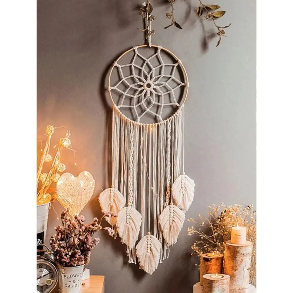 Handmade Macrame Dream Catcher with Feathers - Leaf Motif, Protective Net, Hangable Boho Decor, Nordic Wall Hanging Art for Home Bedroom, Wedding Decor