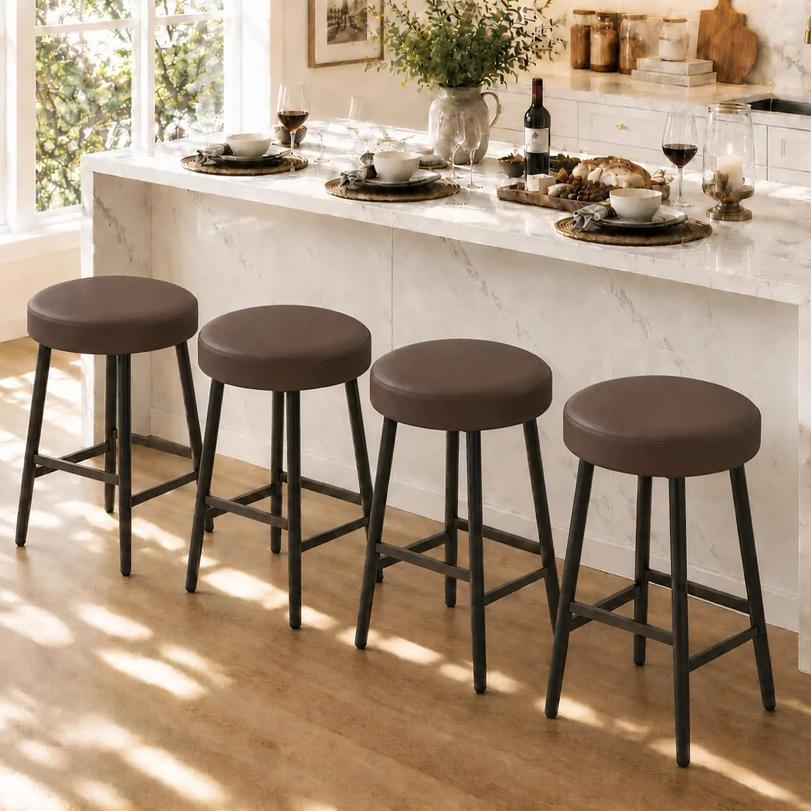 Hosslly Set of 2 26" Counter Height PU Leather Upholstered Bar Stools with Arms, Wooden Backrest, Footrest, Wide Cushioned Seat, Sturdy Metal Frame, Easy Assembly - Black