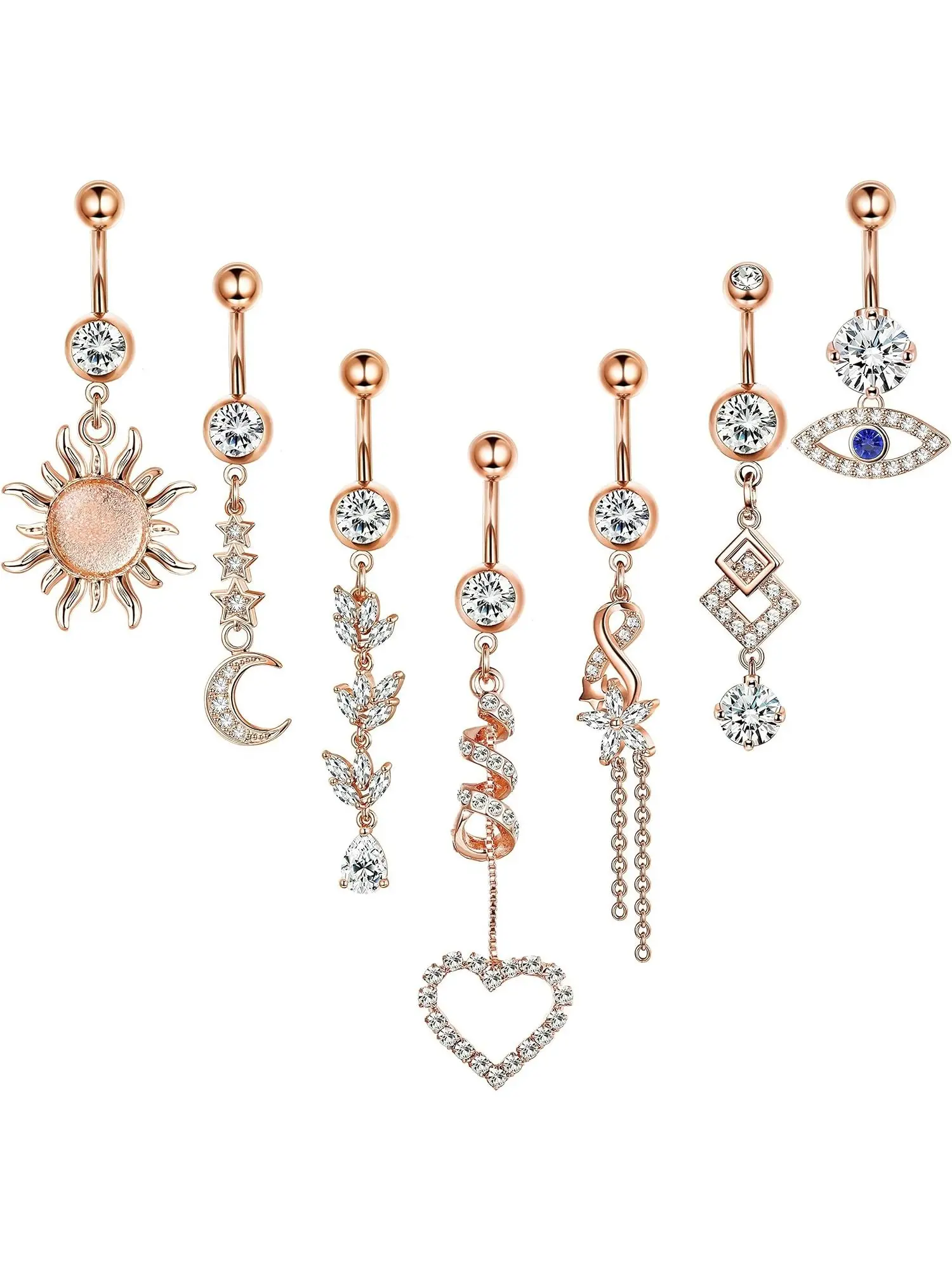 7Pcs 14G Surgical Steel Dangle CZ Belly Button Ring Bundle for Women, Sparkly Barbell Navel Piercing Jewelry Multi Style Body Accessories