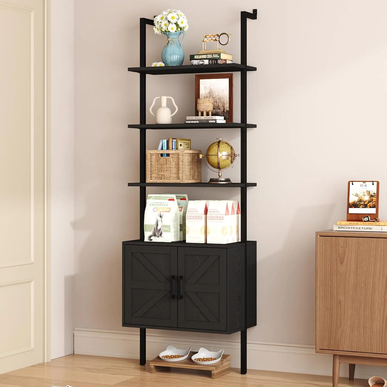73" Tall Bookshelf with Cabinet, Industrial Ladder Wall Mount Shelf  Bookcase with  and Metal Frame,  Shelf Wall Storage Display for Living Room Bedroom,  Black