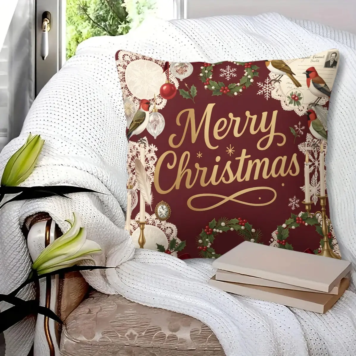 45x45cm1Pc Light Luxury Christmas Throw Pillow, Crystal Ornament Snowflake Star Holly Print, Holiday Home Living Room Decor Cushion With Insert