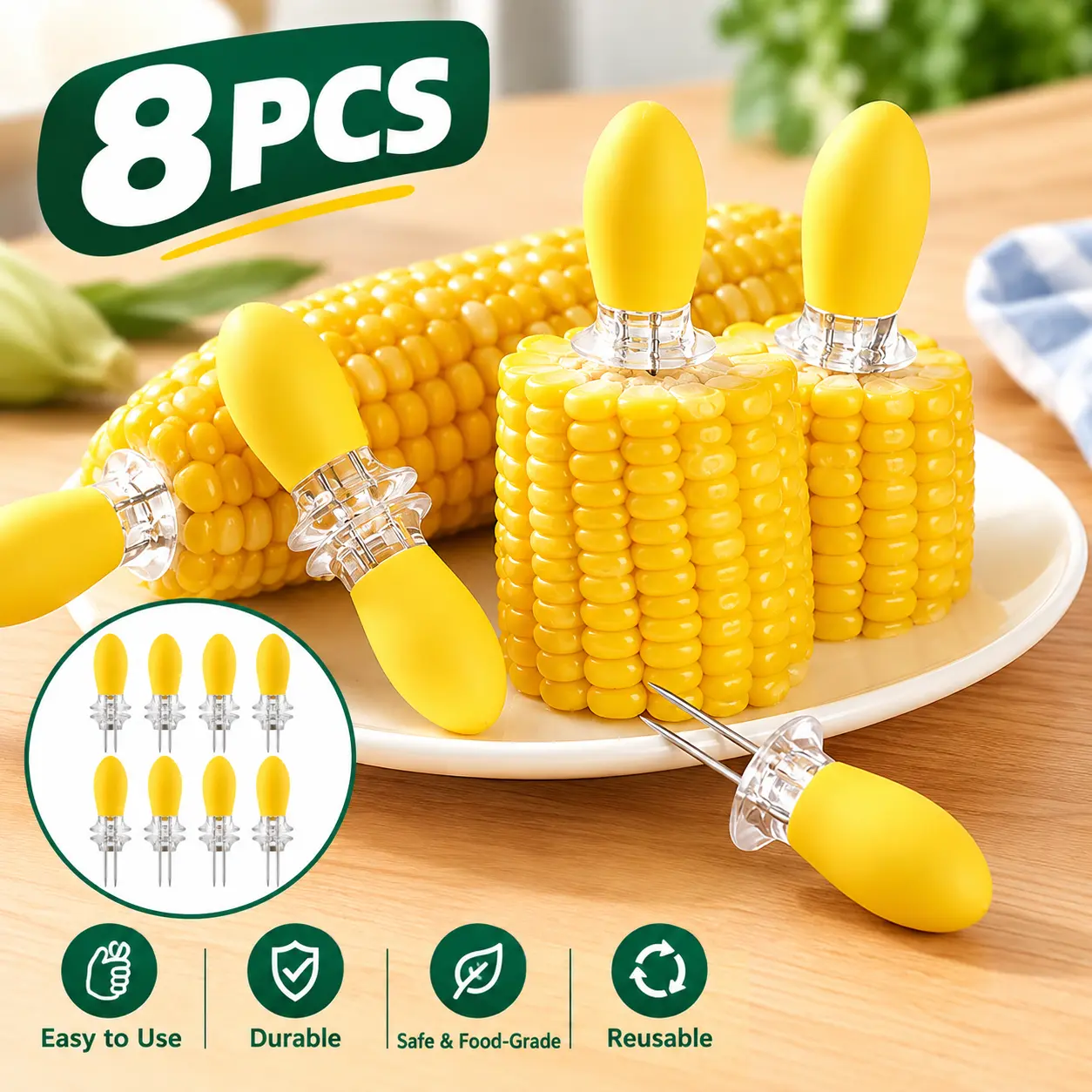 8-Pack Stainless Steel Corn BBQ Forks, Double Prong Skewers for Barbecue Corn and Fruit, for Home Picnic Camping Cooking
