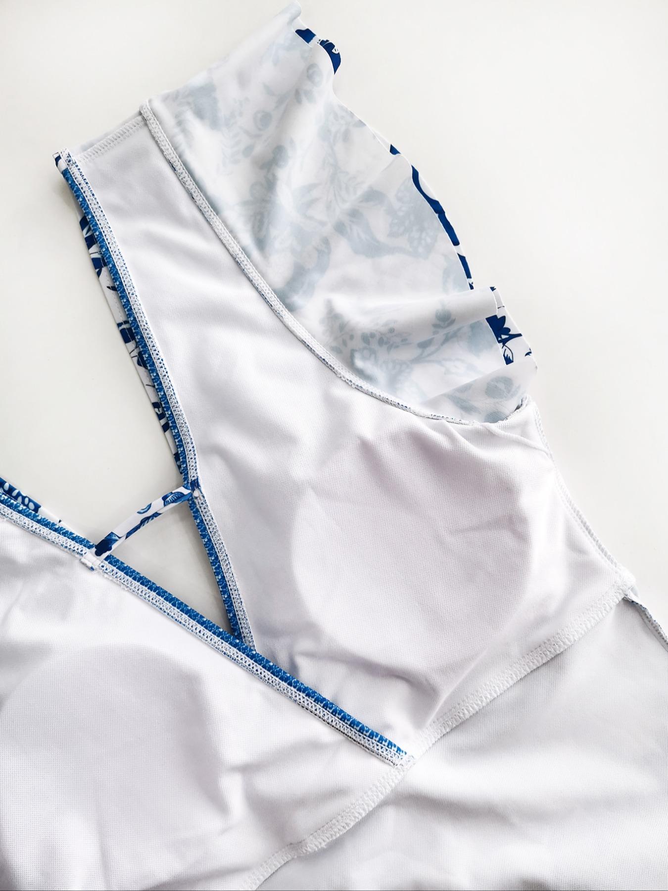 Women's Ruched Ruffle Backless One-piece, Boho Butterfly Sleeve Deep V Neck Swimwear for Beach Holiday Vacation, Floral Print Swimsuits, Ladies Summer Clothes, Swimsuit Style, Floral Print Swimsuit