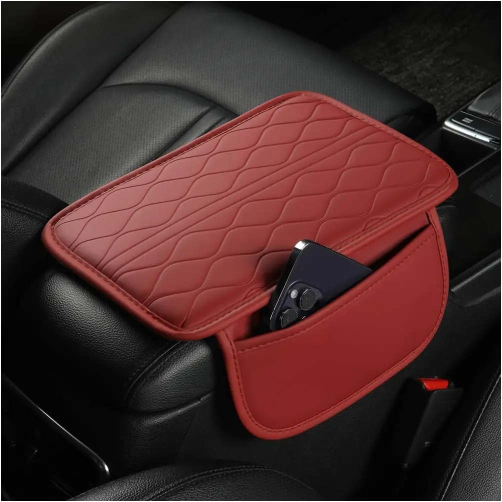 Center Console Cover, Leather  Armrest Seat Box Pad Cushion with 2 Storage Bags, Automotive Interior Arm Rest Protector Accessories,  for SUV, Sedan,  ( Red)