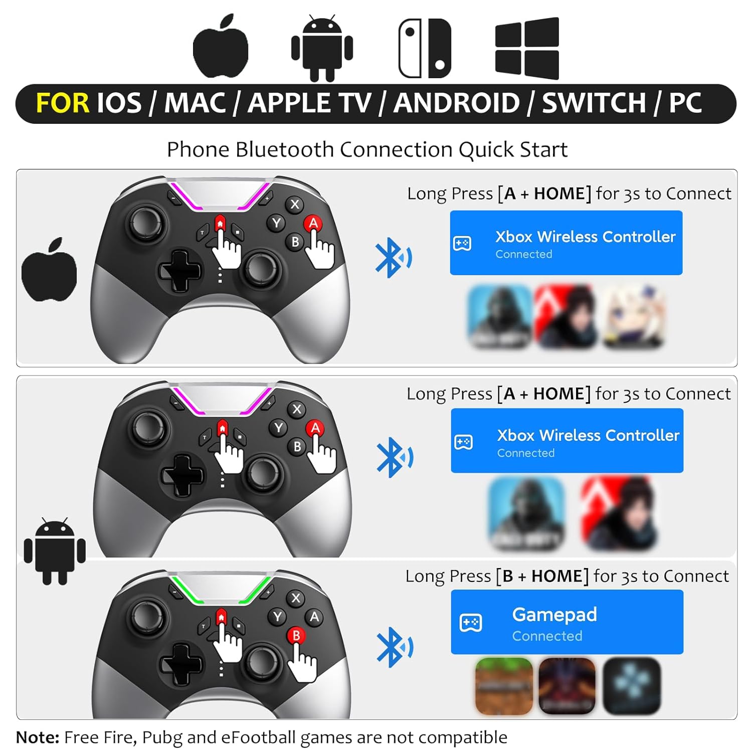 Controller for /PC//Android/ Arcade MFi /TV/Steam, Hall Effect Joysticks   Controller Gamepad with/Phone Clip/Lock Speed/Macro/6-Axis Gyro/Dual Motors/Turbo
