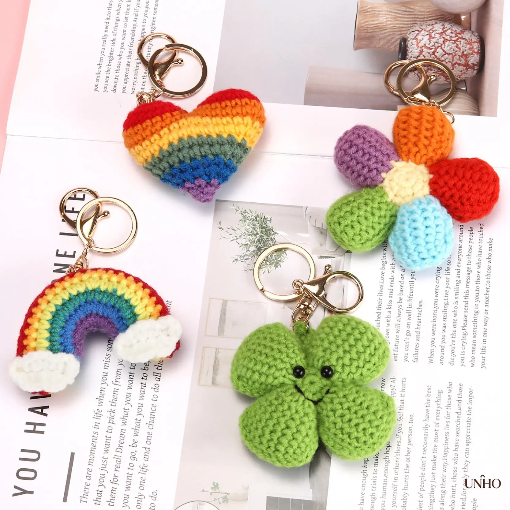 Handmade Crochet Knitted Charm Keychain, Colorful Heart Rainbow Clover & Flower Woven Pendant Cute Decor Bag Accessory Ideal Holiday Gift For Girls