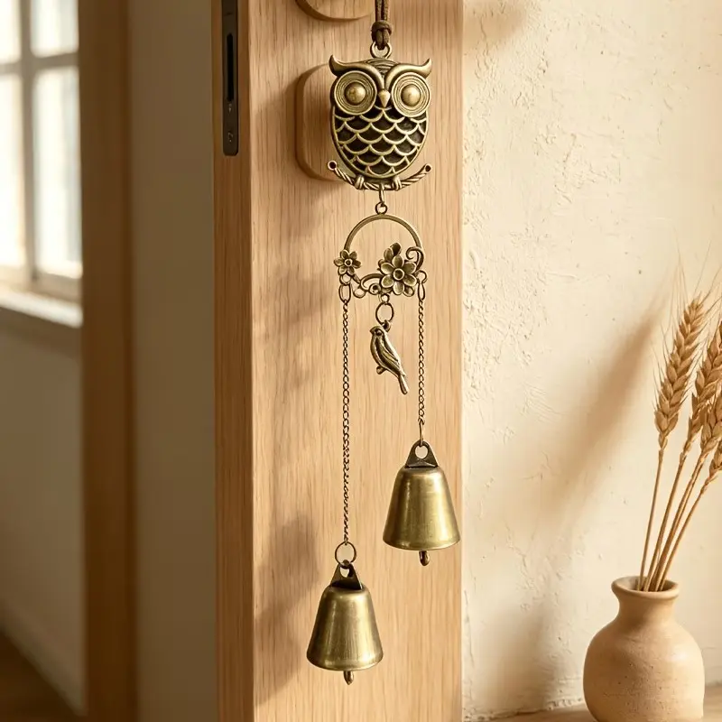 Forest Style Metal Owl Wind Chime, Dual Bell Door Hanging Decor, Christmas Thanksgiving Gift, Moving House Memorial Present