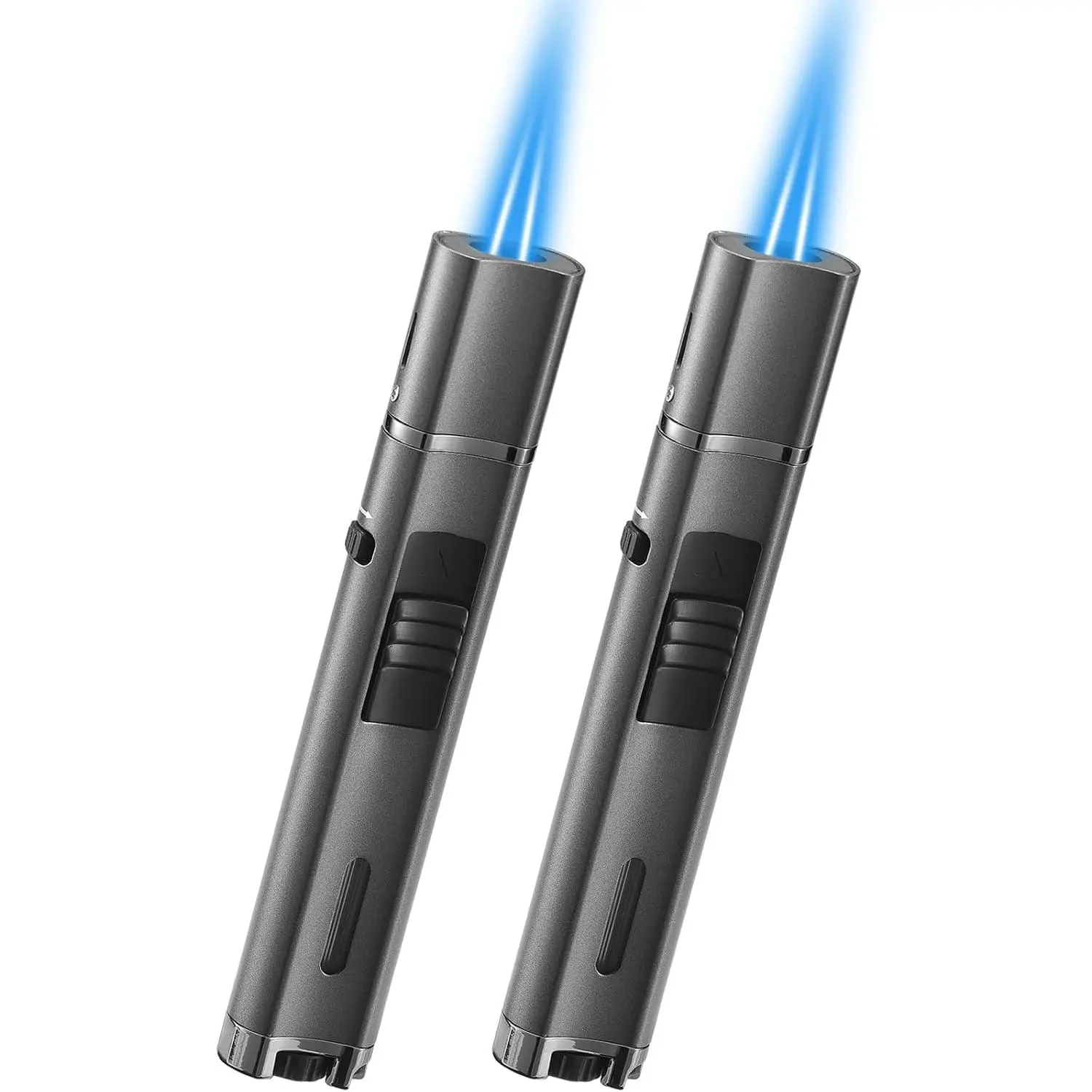 2 Pack 5.7in Pen Lighter with Locking & Safety Switch Function, & Refillable Jet Butane Lighter, Windproof Long Stick Lighters.Grey(Sold Gas)
