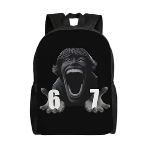 Solid Black Background Viral 67 Meme Black White Screaming Big Open Mouth Face Two Hands Holding Number 6 And 7 Print Large Capacity Backpack Water Resistant Unisex Student School Rucksack Breathable Mesh Padded Shoulder Straps Elastic Mesh Water Bottle S