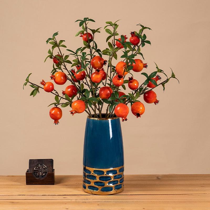 Artificial flower 6-headed pomegranate branch with pomegranate fruit ornament for housewarming, New Year's decoration, home living room floor decoration