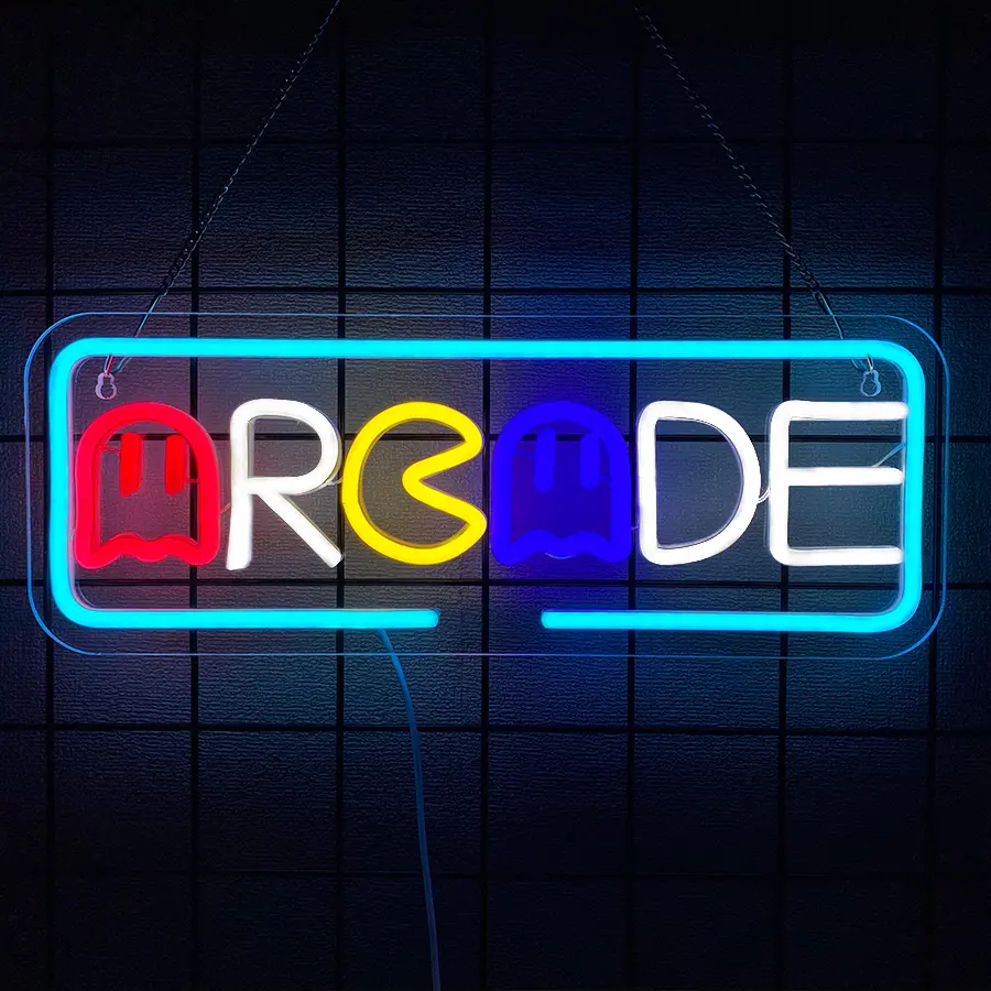 Large Arcade Neon Sign, Ugrade Retro Game Ghost Arcade LED Neon Light Sign, Handmade Aesthetic Arcade Night Lamp for Game Room, Business Recreation Bedroom Birthday Gift Man Cave Home