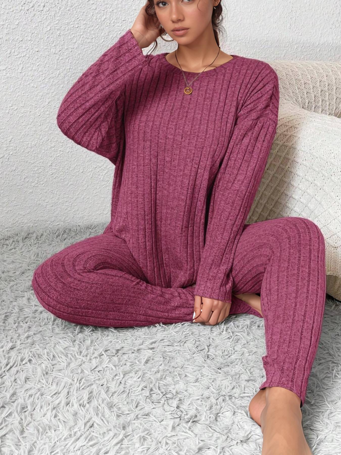 【Plus Size】 Two-Piece Set Solid Drop Shoulder Top & Skinny Pants Ribbed Pajama Set, Casual Comfy Round Neck Long Sleeve Top & Trousers Set, Women's Sleepwear for Fall & Winter
