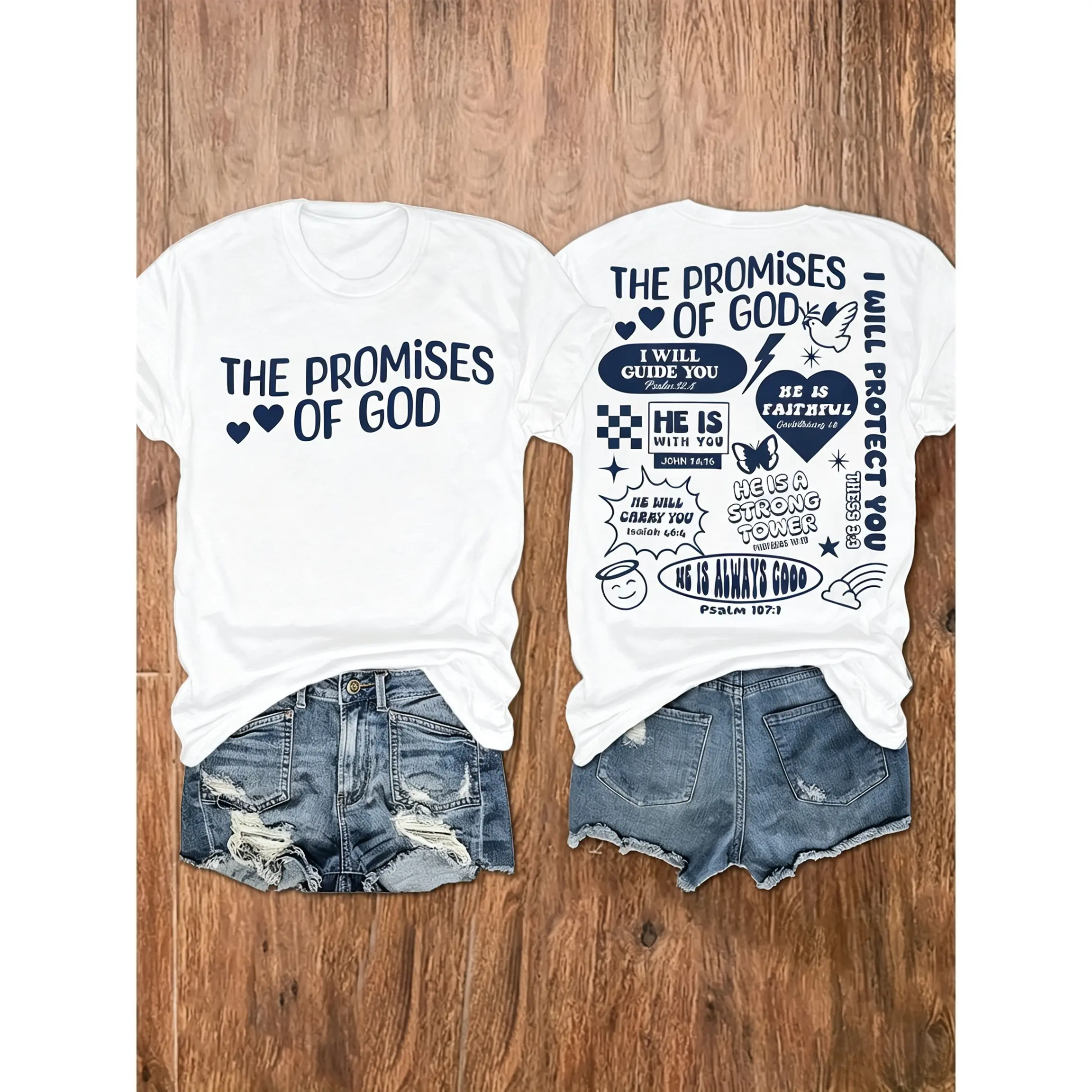 Women's Short-Sleeve Round-Neck T-Shirt, Double-Sided God's Promises Multi-Scripture Collage Heart Butterfly Christian Graphic Top, Baggy Crochet Linen Flannel Cardigan-Inspired Casual Vacation Wear, Cardigans, Patchwork, Comfy