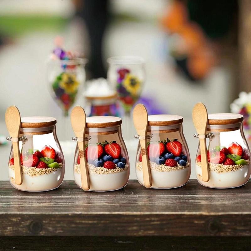 Glass Storage Jar with Lid & Spoon, 1/2/3/4 Counts Overnight-Oats Jar with Stickers & Pen, Food Storage Container for Yogurt, Spice, Salad, Kitchen, Glass Mason Jar