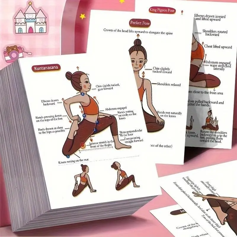 32 Pcs Yoga Pose Guide Card Set – Boxed beginner yoga posture cards with stretch tutorials. English yoga pose note stickers for dance basics, fitness training, journaling, body shaping, and daily flexibility practice.