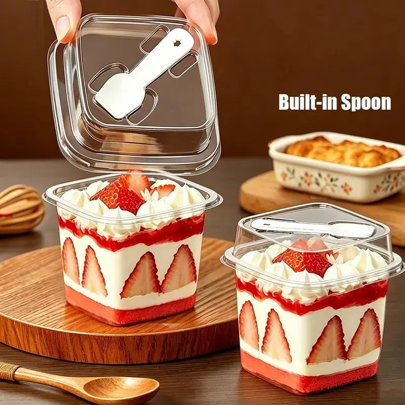 Transparent Cake Box with Spoon and Lid, Reusable Leak-Proof Plastic Container, Ideal for Pudding, Yogurt, Mousse, Party and Home Use
