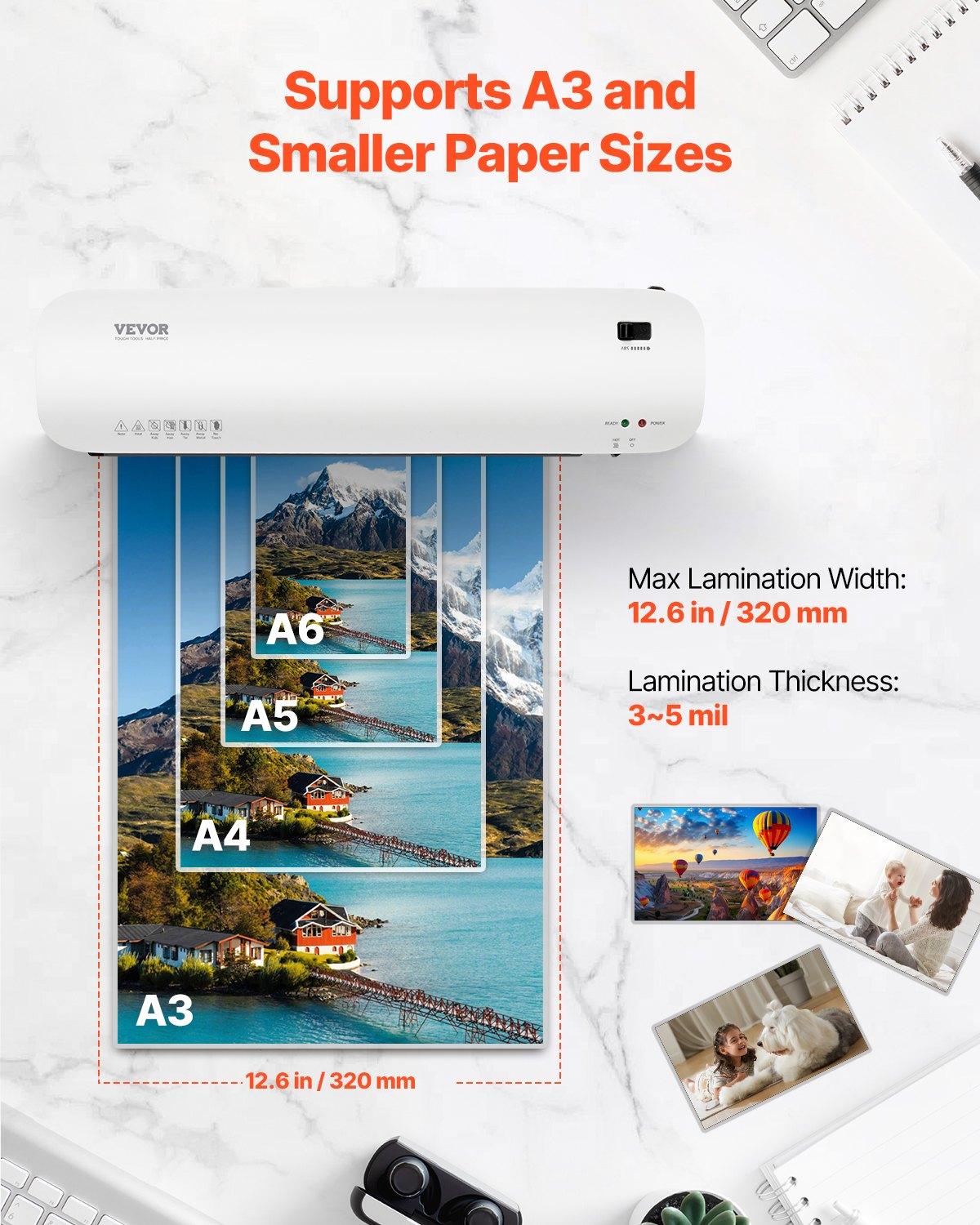 【FathersDayGift】 VEVOR Laminator Machine, Thermal Laminator for Max A3 Paper Size, 2-3 min Quick Warm Portable Laminator, 3-5 mil Thickness, Ideal for Home, Office, Business, or School Supplies, White + Black