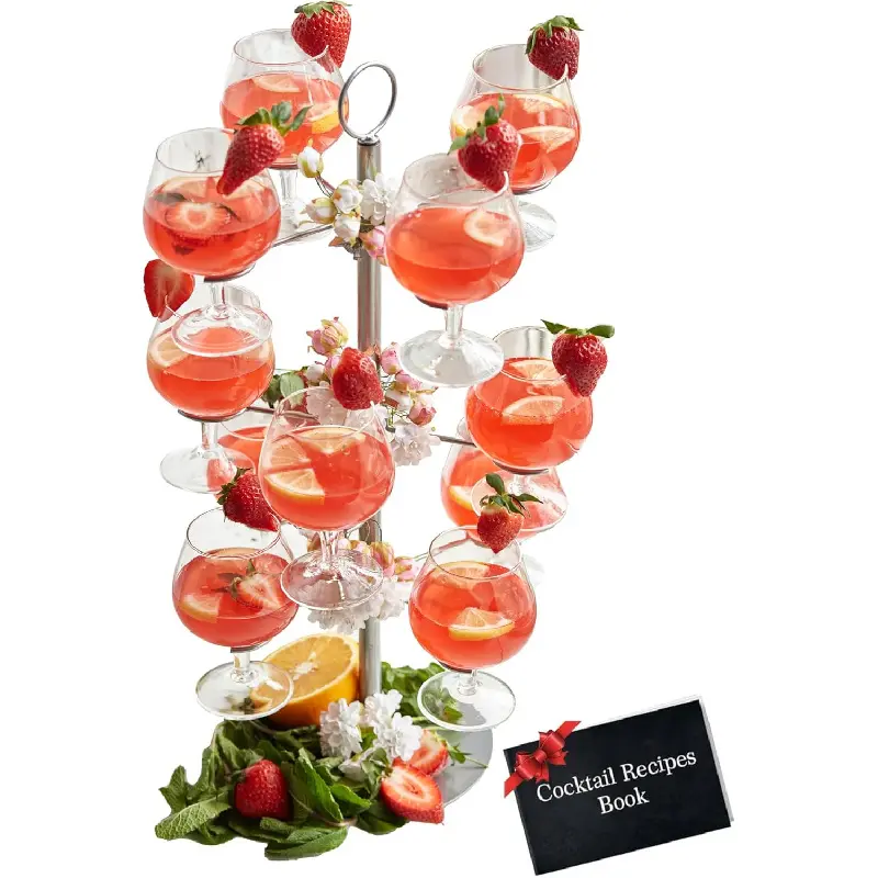 Cocktail Tree Stand, Metal Drink Tower, 3 Tier - 12 Holders For Champagne, Martini, Margarita Cups (Silver), Standard