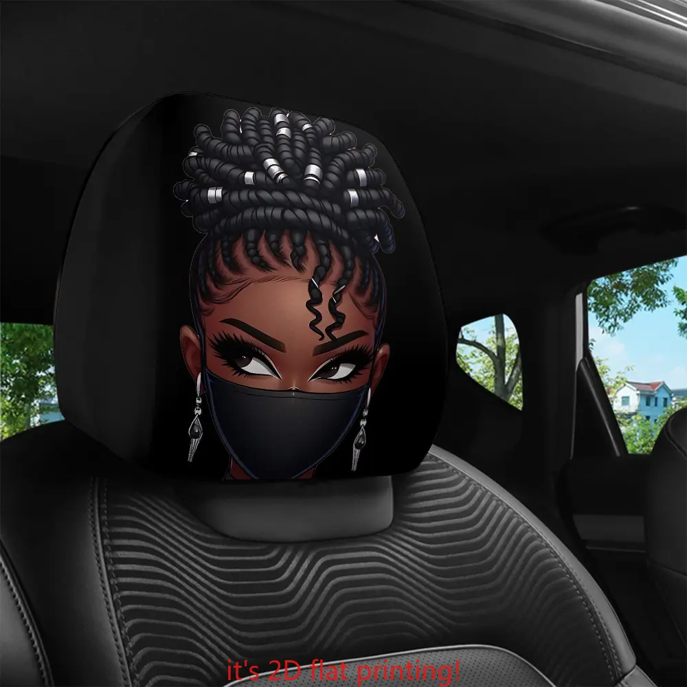 ITECHJOY 1pc Cool Girl with African Braids Print Car Headrest Cover • Unfilled Breathable Design • Easy to Install & Clean • Trendy Unique Style • All Seasons Universal • Auto Interior Decor Car Accessories for Daily Commute, Travel & Festival