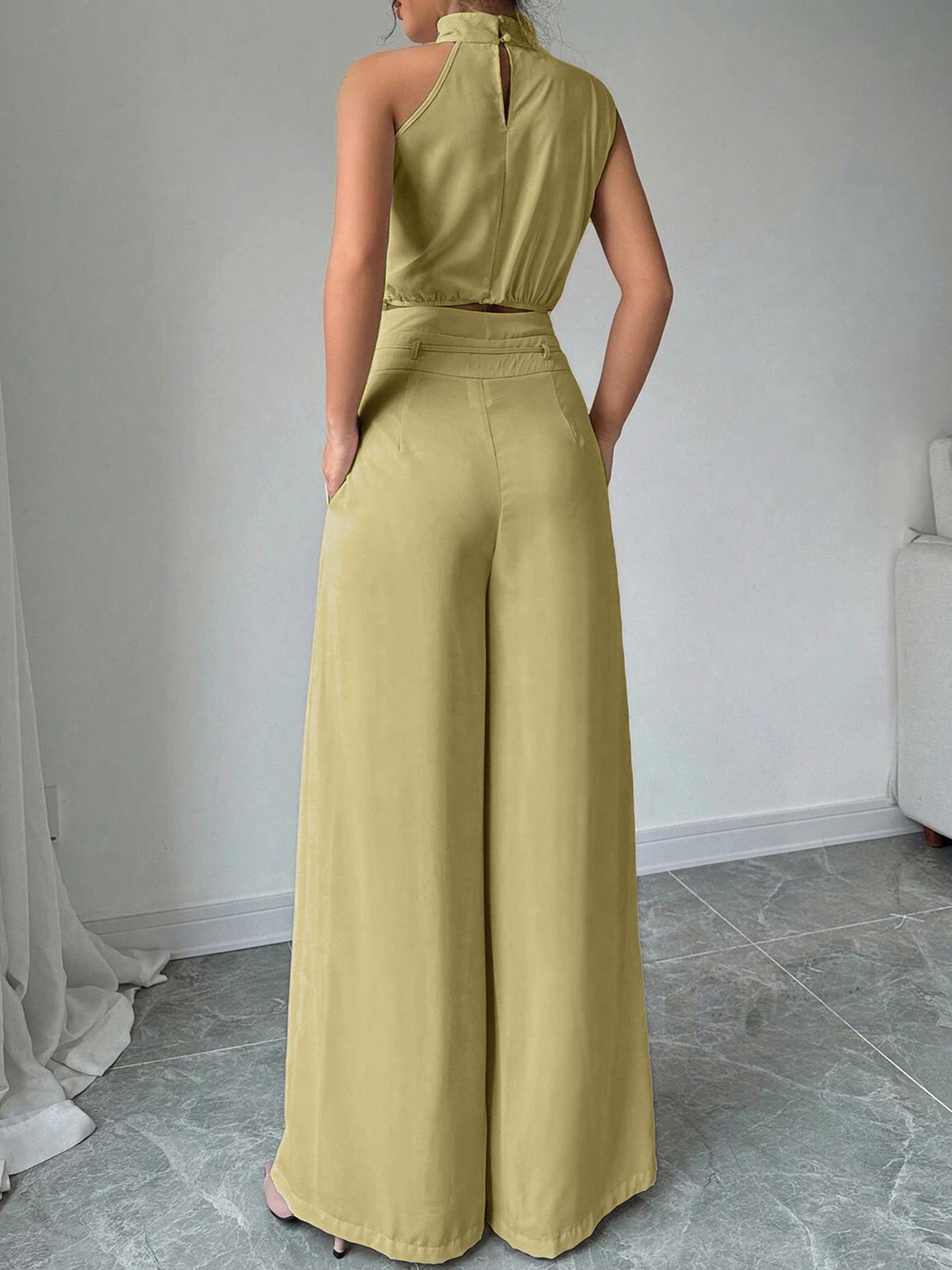 Women's Solid Color Sleeveless Crop Tank Top & Wide Leg Pants Two-piece Set Outfit, Elegant Fashion Casual Top & Trousers for Daily Outdoor Wear, Women's Clothing for Summer, Womenswear