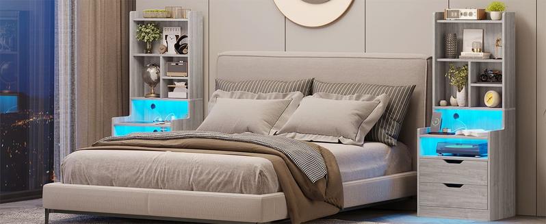 Sikaic LED Tall Nightstand with Bookshelf Charging Station Grey Modern Side Table Bedside Cabinet RGB LED Lights 2 USB Ports & 2 Power Outlets for Bedrooms and Living Rooms