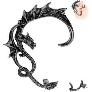 1PCS Gothic Dragon Ear Cuff Stainless Steel Retro Dragon Earrings Punk Snake Dragon Fish Crocodile Cuff Wrap Earrings Cartilage Climber Ear Earrings Stud for Women Men, Gold/Silver/Black