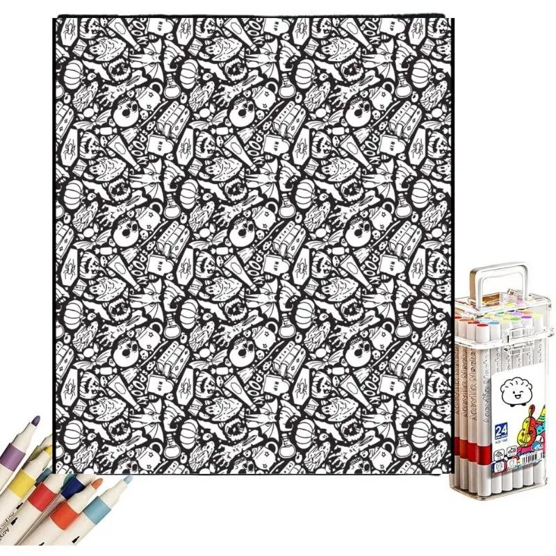 Colour‑in DIY Blanket Set with 24 Paint Markers, Spooky Halloween Witch Skull & Pumpkin Pattern, Fun Craft Activity for Kids and Adults, Customizable Art Blanket, Creative Halloween Gift and Home Decor