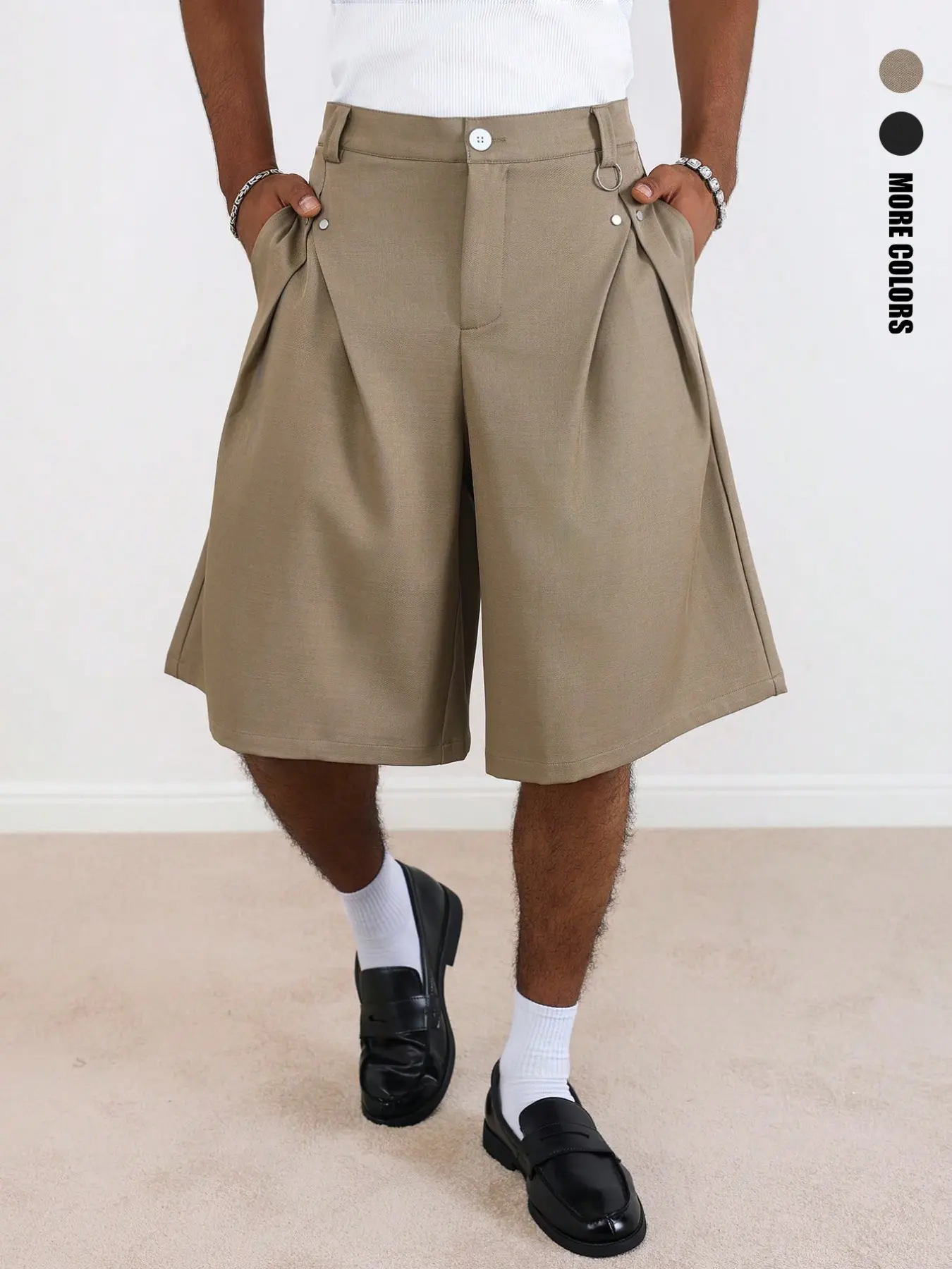 Men's Summer Everyday Commute Street Style Pleated Wide-Leg Suit Button Shorts Suitable for Home, Work, Outdoor, Urban, Regular, Trendy, Casual, Youthful, Simple, Campus, Retro, Versatile, High-Quality, Stylish, and Individualistic Styles